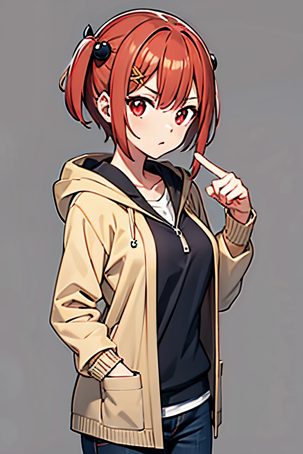 kawaii,cute,
1 girl, solo,
cranberry hair, pixie cut, bangs, hair ornament,
red eyes,
point finger,
close view, from adove,
serious,
Oversized cardigan with patch pockets and a hood,
large breasts,
BREAK
simple background