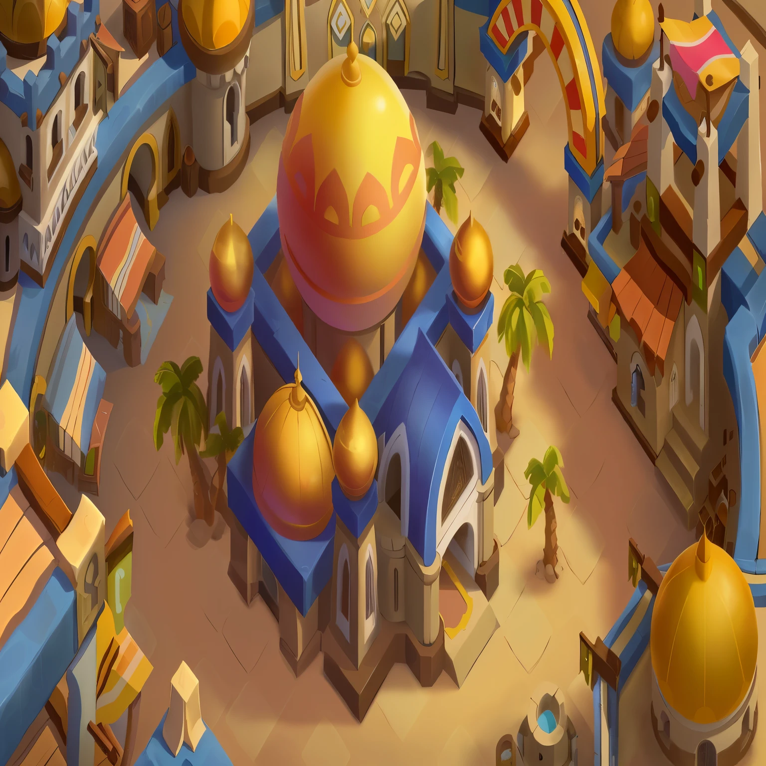 Close up of cartoon style building with dome on top, downtown background, In a futuristic desert palace, palace background, small town background, desert temple, Renaissance port city background, desert city, stylized game art, stylized concept art, city in desert, isometric palace, In-game graphics, ornate turkic palace background, kingdom of light background