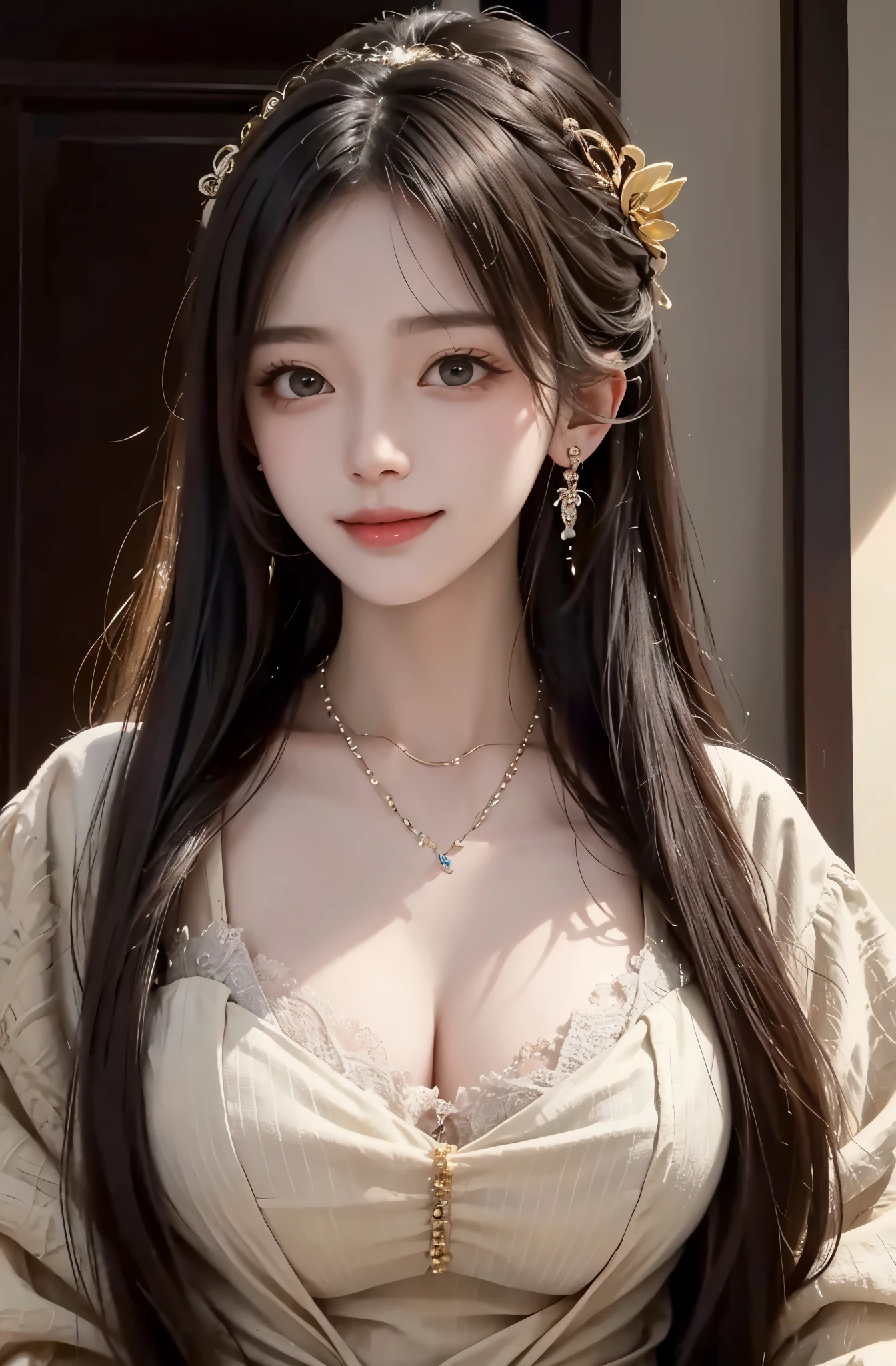 8K Ultra HD, table top, highest quality, beautiful girl, long hair, Beautiful necklaces, beautiful earrings, beautiful hair ornament, 17 year old girl, smile, Sexy, big breasts, cinematic lighting