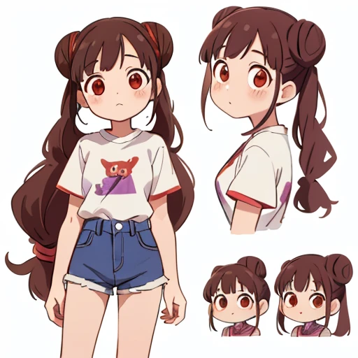 chiyoko sonoda, brown hair, (red eyes:1.5), hair bun, long hair, double bun, sidelocks, white background, purple jeans, shorts, white shirt, character sheet