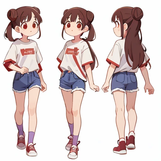 chiyoko sonoda, brown hair, (red eyes:1.5), hair bun, long hair, double bun, sidelocks, white background, purple jeans, shorts, white shirt, character sheet