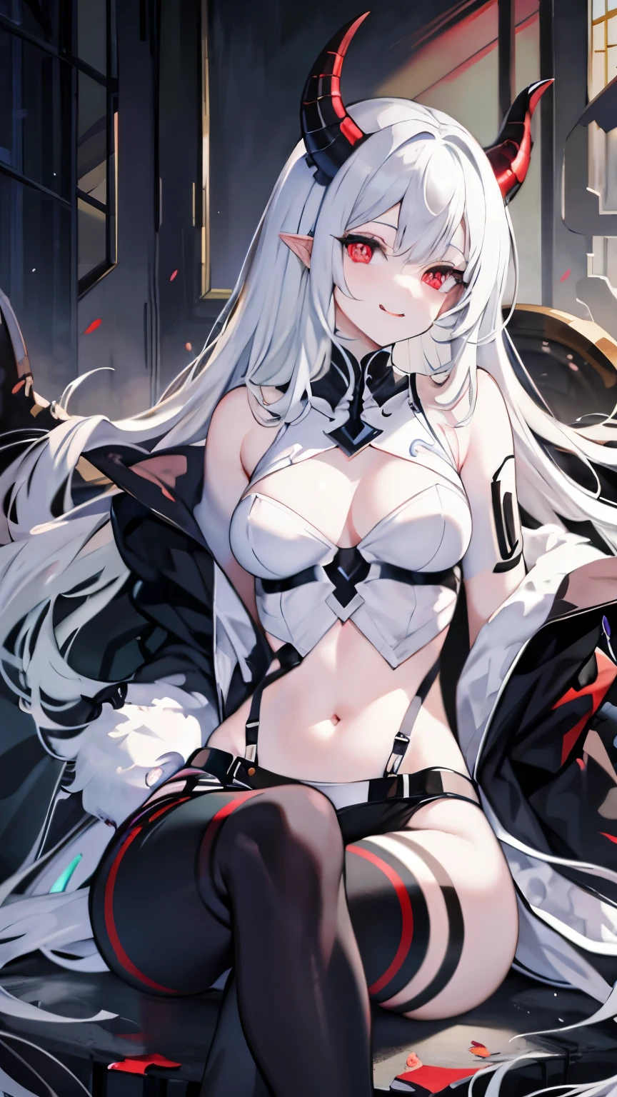pale skin,dark风,long white hair,black eye shadow,red eyes,Abstinence,dark,goat horn,succubus,Open the legs,Smile,Sticking out tongue,Battle damage,Broken clothes,playful
,puppy,Transparent underwear,camel toe,sitting,back view,hot pants,butt close-up,Mecha