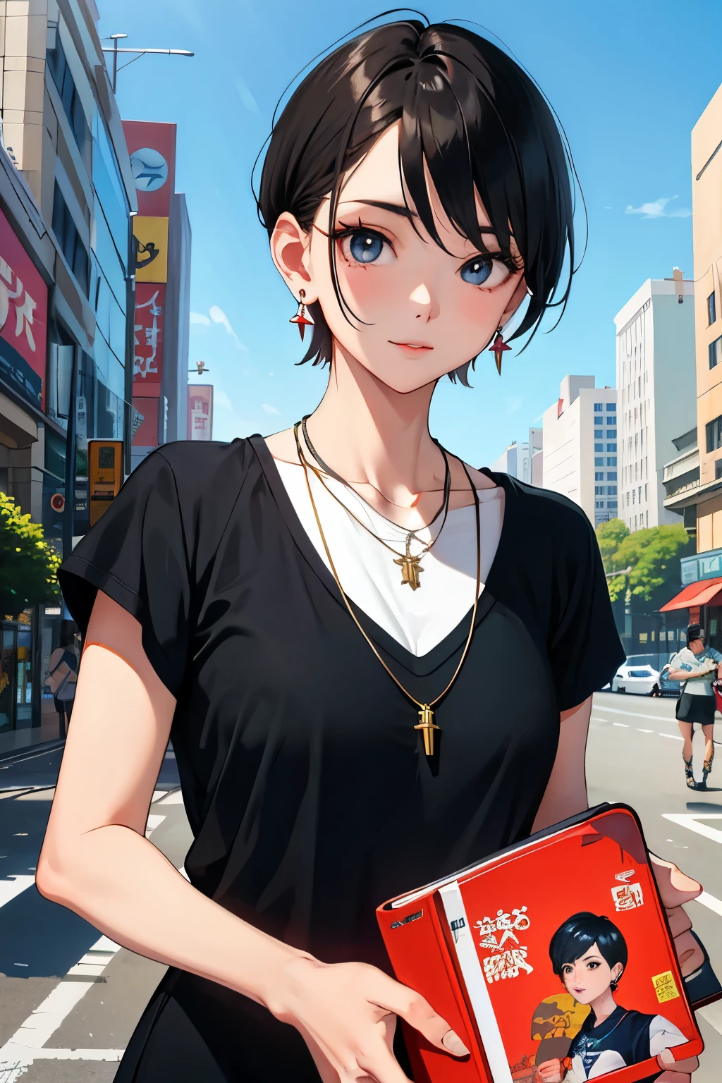 run on a skateboard、Beauty、Upper body、28 years old、short hair、Hand2Book、meaty、Glamour、earrings、necklace、square