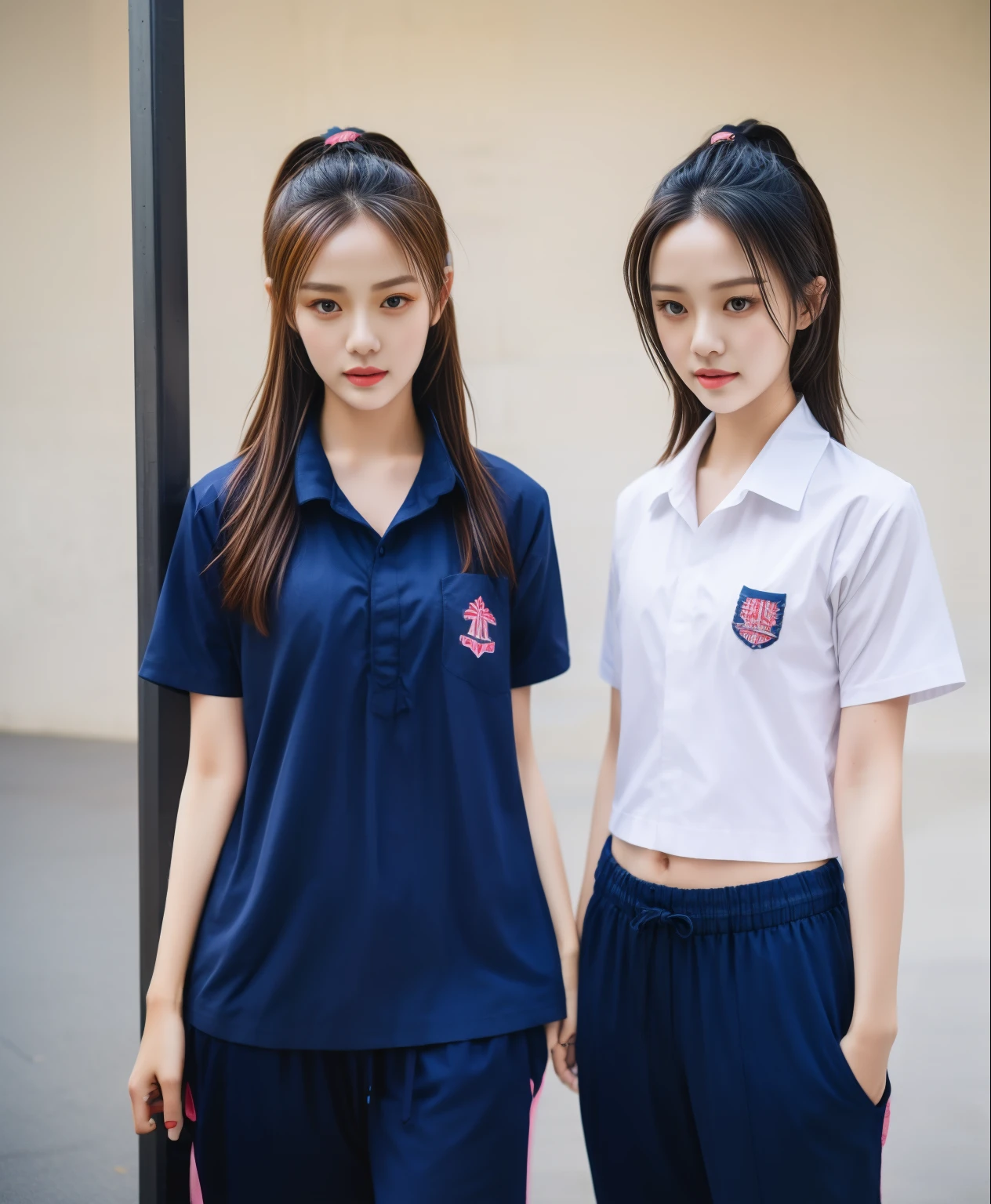 2 girls in fitness center, Navy blue short-sleeved shirt,Navy Long Trackpant,Sweatpants, Sweatpantsขายาว,25 year old girl, lesbian, sexy, exercise clothes, wet body, exercise clothes