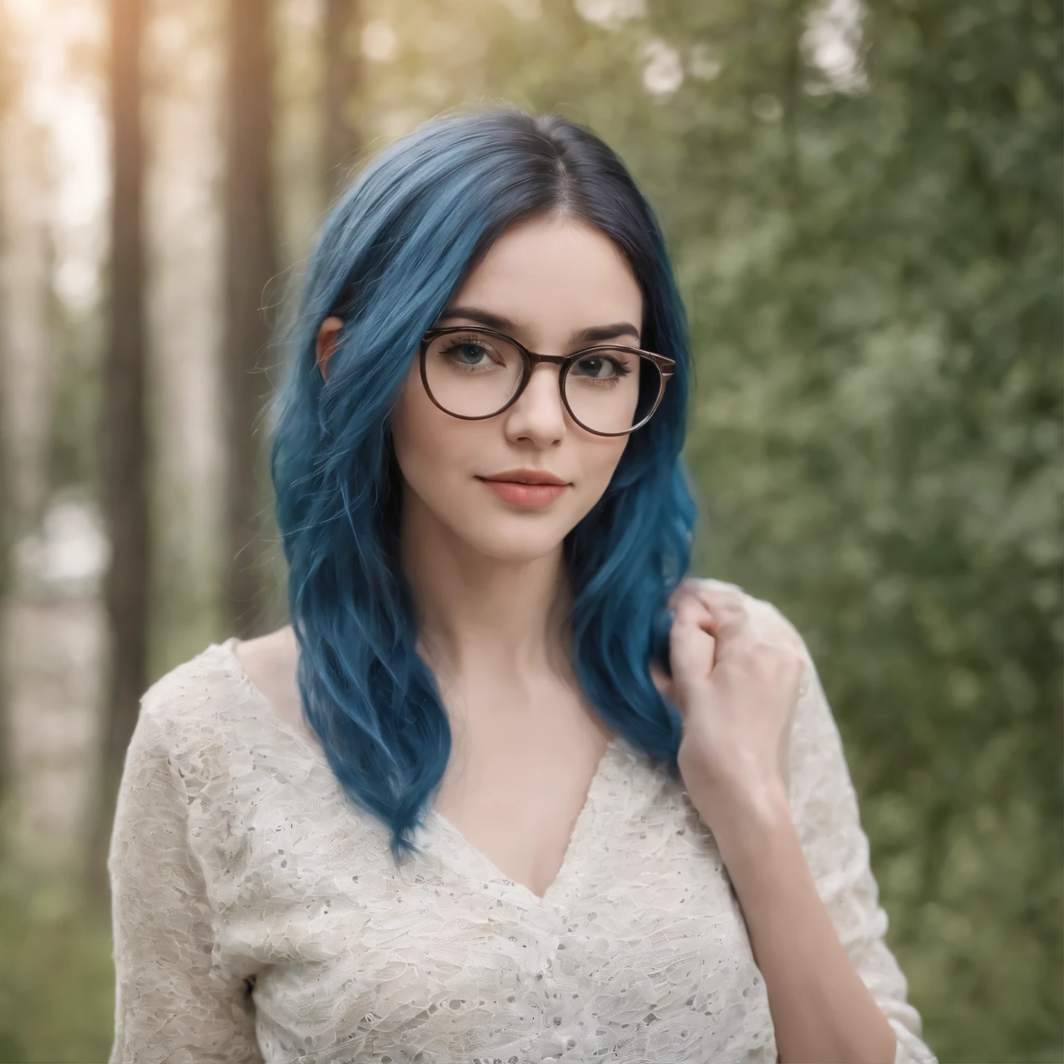 Young girl in clothes and glasses, blue hair, Cute and beautiful, 25-30 years, Slim and fit.