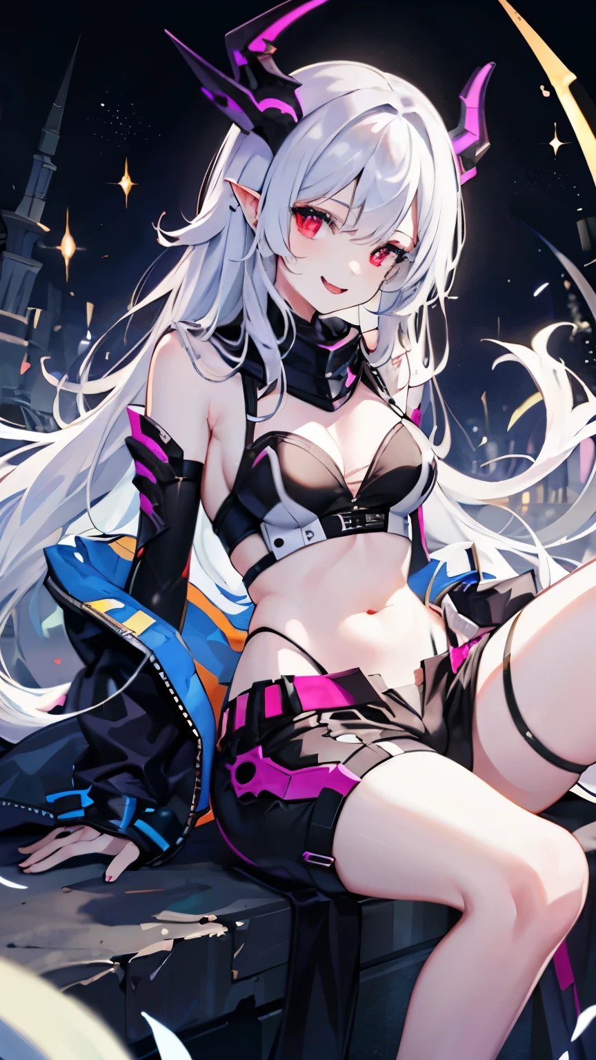 pale skin,dark风,long white hair,black eye shadow,red eyes,Abstinence,dark,goat horn,succubus,Open the legs,Smile,Sticking out tongue,Battle damage,Broken clothes,playful
,puppy,Transparent underwear,camel toe,sitting,hot pants,Mecha