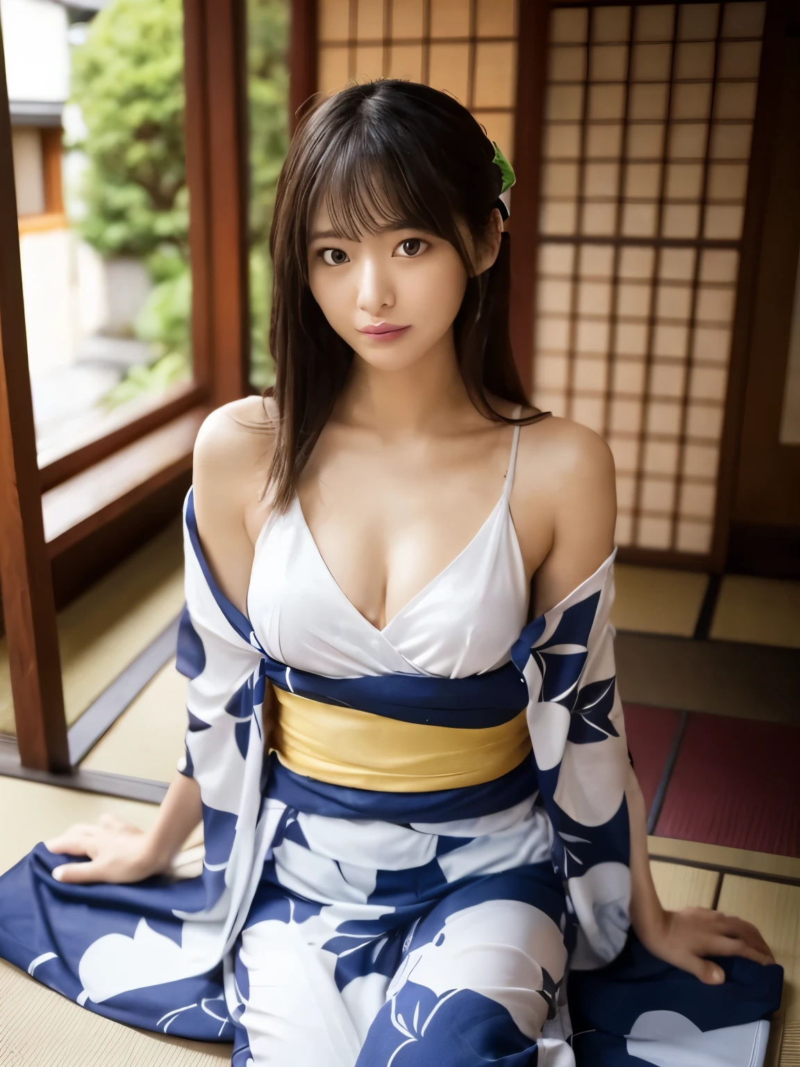 high school girl, lesbian, Japan Yukata, No bra, , spread your legs wide、traditional japanese kimono、Furisode、chest exposed、(Please take it off)、embarrassed look、chest exposed、clavicle fetish、(((topless)))、take off clothes、Fluttering kimono、Sakeを飲む、Sake、night、(背景はnightの屋内)、Tokuri and Ochoco