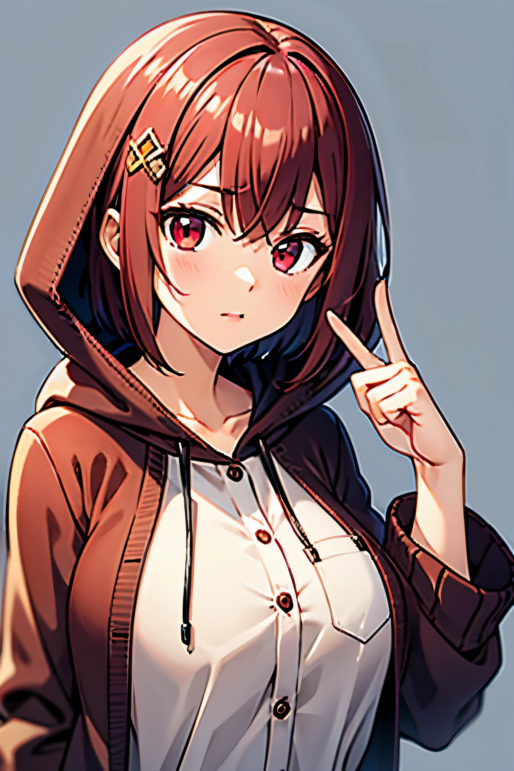 kawaii,cute,
1 girl, solo,
cranberry hair, pixie cut, bangs, hair ornament,
red eyes,
point finger,
close view, from adove,
serious,
Oversized cardigan with patch pockets and a hood,
large breasts,
BREAK
simple background