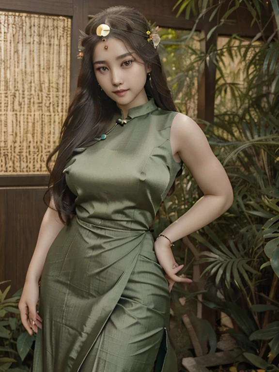 Photorealistic, high resolution, 1 woman, hips up, Beautiful eyes, Long hair, ringed eyes, jewelry, cheongsam (green  silk dress)(ပြာရောင် ပိုးသားဝတ်စုံ)(There are no markings/materials on the top of the forehead)