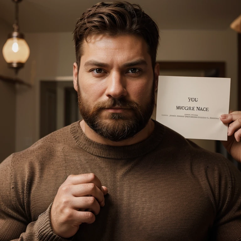 Create a portrait photo of a muscular man in a sweater with short brown hair and a full beard, his build is very robust, he should hold a note in his hand with the words KingSace written on it