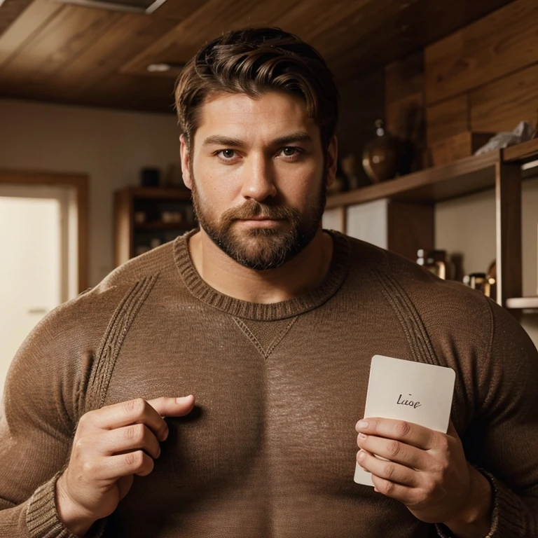 Create a portrait photo of a muscular man in a sweater with short brown hair and a full beard, his build is very robust, he should hold a note in his hand with the words KingSace written on it