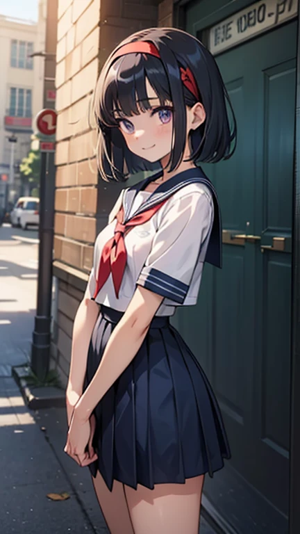 （masterpiece），（highest quality），（very detailed），（enlightenment），（ultra high resolution）, Anime adult girl with black hair and wearing a sailor suit, navy blue sailor uniform, anime style, 2D rendering of an anime adult girl, realistic young anime adult woman, Smooth anime CG art, headband, smile, purple eyes, small breasts, tall, Straight hair, short bob cut,long skirt, slanted eyes, The background is school, The length of the skirt is long, Sailor suit is long,