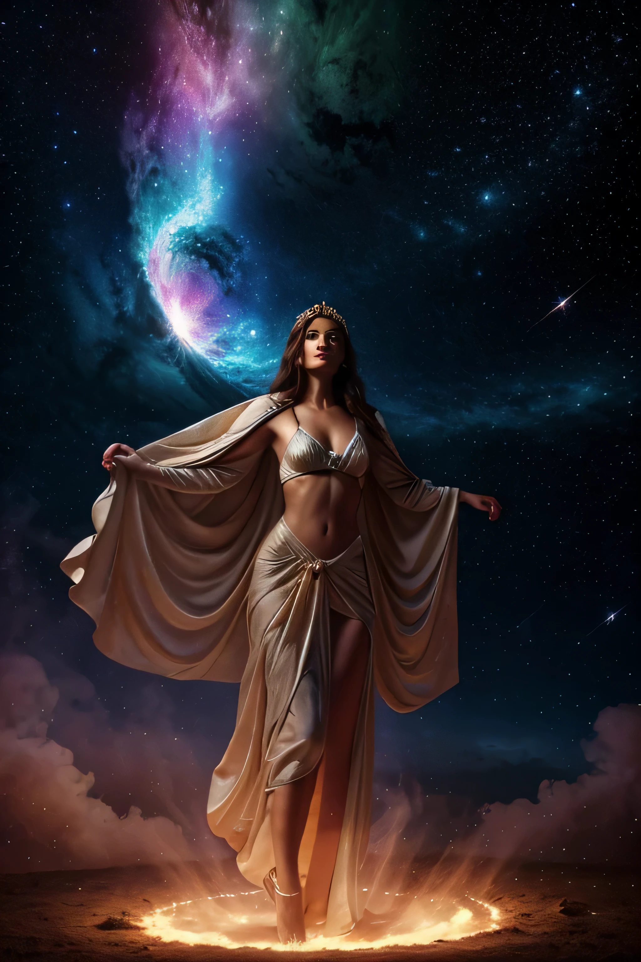 Digital painting by MSchiffer of a female Goddess, her physical body is transforming into smoke, wearing elegant robes as clothing that flows in the air in a waving way, perfectly detailed delicate face, soft features, the environment is the heart of a heavenly forest with trees and vines made out of nebulas and stars, in a classical style, celestial and cosmic, bold colors, soft billowing smoke, glowy cosmic flowers, billowing, cinematic lights, fantasy art, surreal, high contrast, HDR+, bokeh effect, cosmic, cosmos, nebula