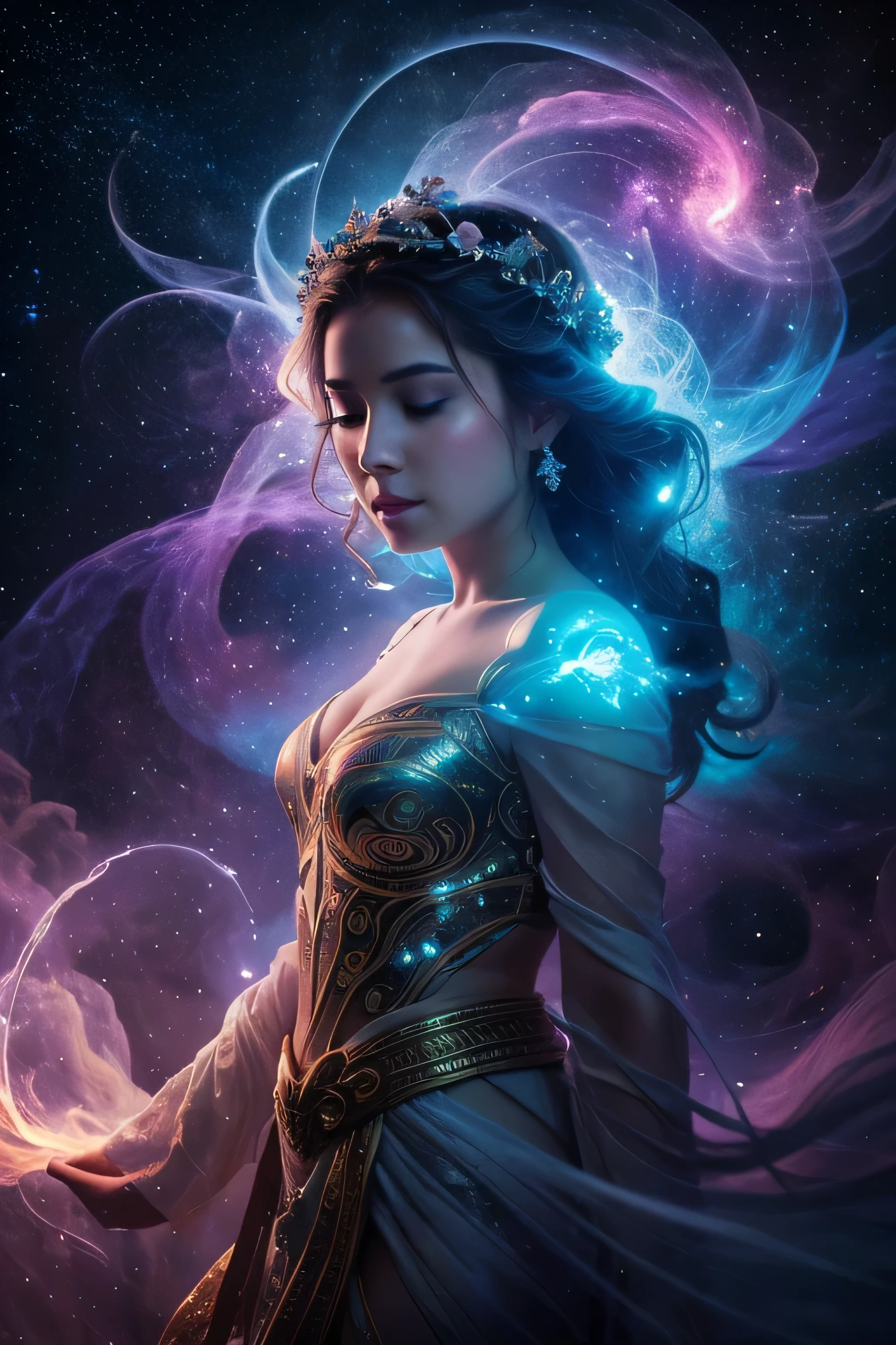 Digital painting by MSchiffer of a female Goddess, her physical body is transforming into smoke, wearing elegant robes as clothing that flows in the air in a waving way, perfectly detailed delicate face, soft features, the environment is the heart of a heavenly forest with trees and vines made out of nebulas and stars, in a classical style, celestial and cosmic, bold colors, soft billowing smoke, glowy cosmic flowers, billowing, cinematic lights, fantasy art, surreal, high contrast, HDR+, bokeh effect, cosmic, cosmos, nebula