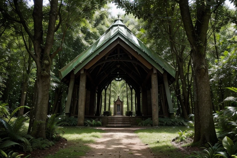 there are many benches in the middle of a tunnel of trees, covered with vegetation, ribbon chapel, beautiful setting, pyramid surrounded with greenery, amidst of nature fully covered, forest setting, placed in a lush forest, it is a place of worship, over grown botanical garden, dense with greenery, instagram photo, with lots of vegetation, as seen from the canopy, vegetation chappel, chappel of trees, green chappel