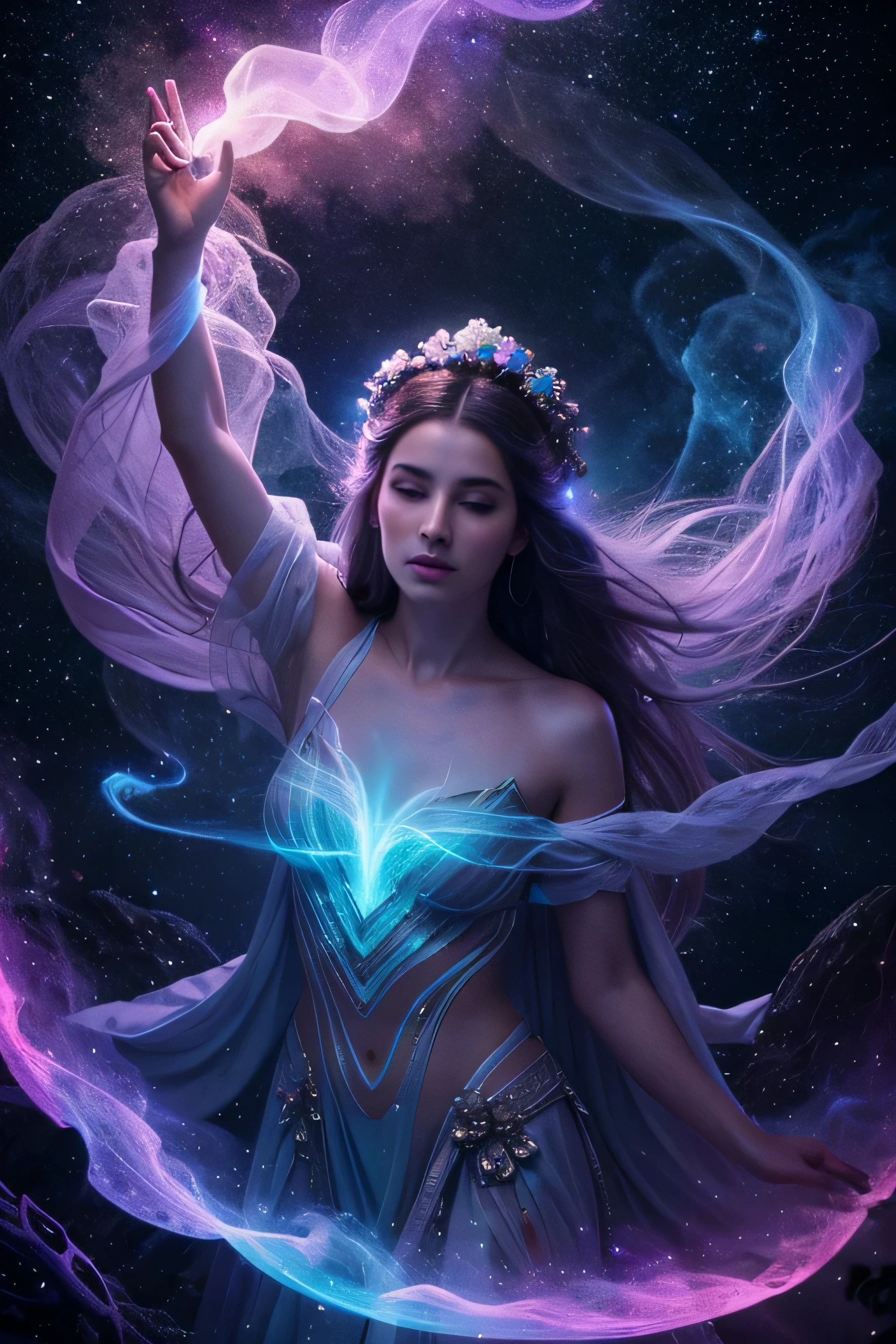 Digital painting by MSchiffer of a female Goddess, her physical body is transforming into smoke, wearing elegant robes as clothing that flows in the air in a waving way, perfectly detailed delicate face, soft features, the environment is the heart of a heavenly forest with trees and vines made out of nebulas and stars, in a classical style, celestial and cosmic, bold colors, soft billowing smoke, glowy cosmic flowers, billowing, cinematic lights, fantasy art, surreal, high contrast, HDR+, bokeh effect, cosmic, cosmos, nebula