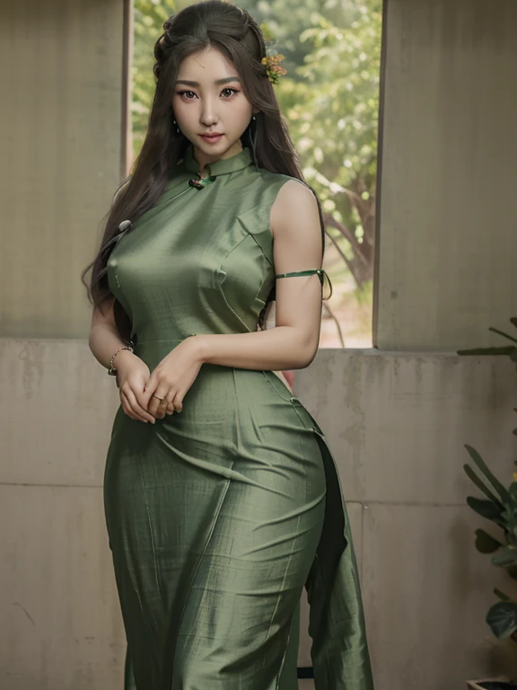 Photorealistic, high resolution, 1 woman, hips up, Beautiful eyes, Long hair, ringed eyes, jewelry, cheongsam (green silk dress)( ပိုးသားဝတ်စုံ)(There are no markings/materials on the top of the forehead)