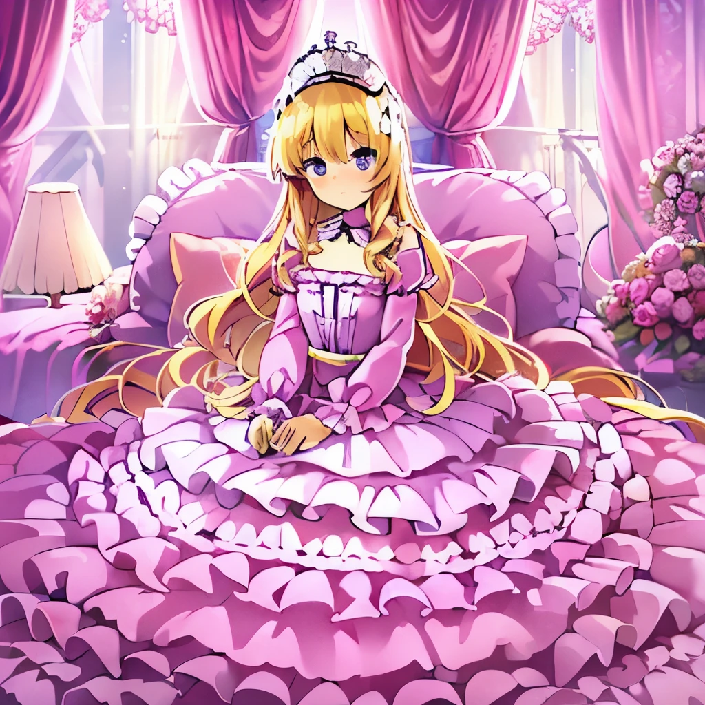 ((((Super high quality)))),highest quality, masterpiece, highest resolution, artwork, super それにget used to it, many get used to it, get used to it, それにget used to it,(young face),(cute little face),(pretty girl),(),((white skin)),((blonde)),((blue eyes)),the girl is a princess,((girly dark pink satin fabric)), ((Victorian ball gown princess dress with plenty of pink ruffles and bows and a voluminous full-length hoop skirt.)),long sleeve,long dress,A dress with lots of frills and ribbons...,wears a tiara on her head,luxury, ((Palace bedroom)), ((Huge luxury victorian canopy king size pink bed)), lots of frilly pillows,ruffle bed skirt,sitting on the bed,Super high quality beautiful girl,high quality dresses,high quality bed,super detailed background,facial details, arm details,finger details,((((unity 8k wallpaper)))),The entire bed is reflected,