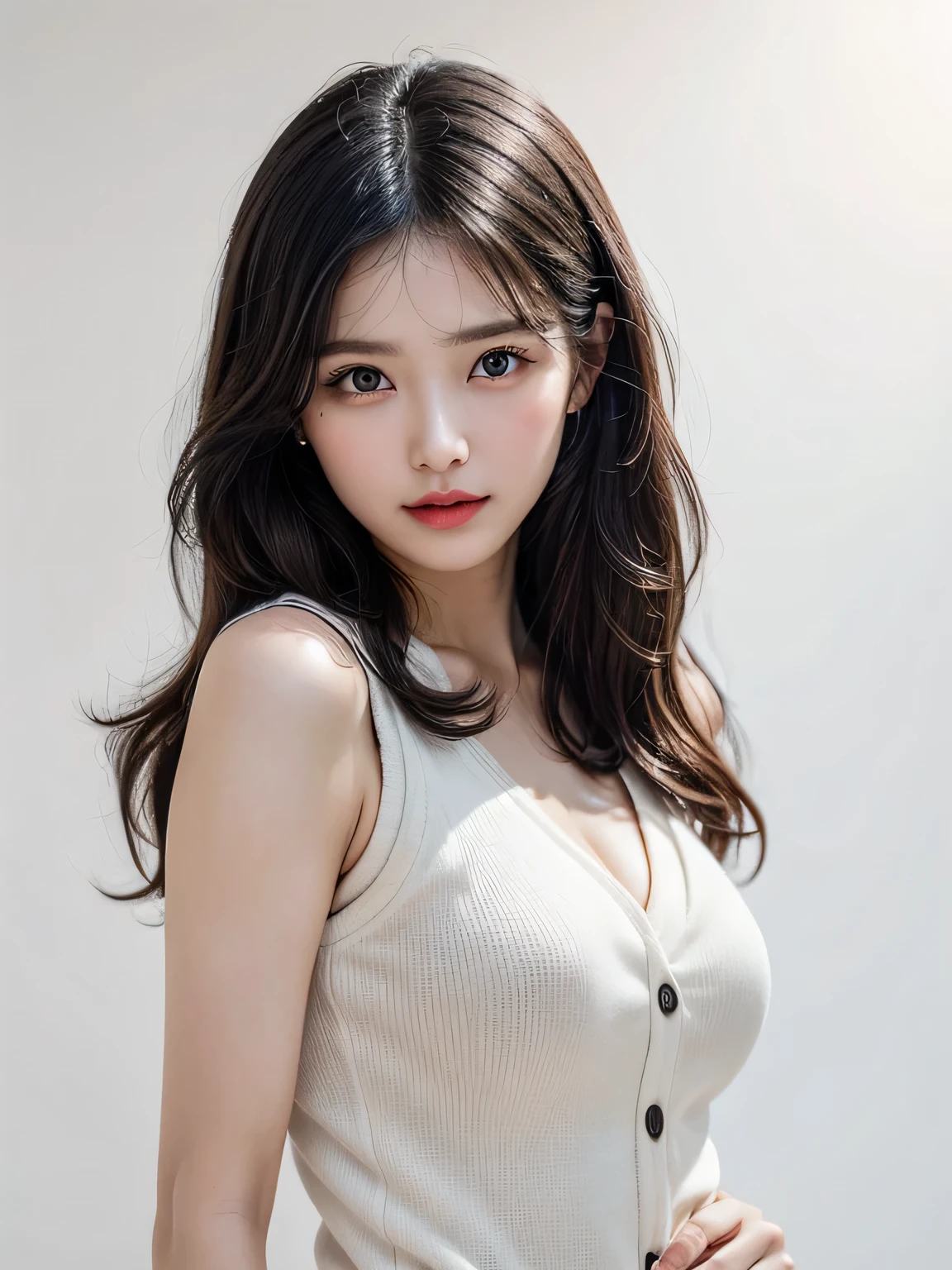 A slender woman, beautiful, amazing face and eyes, cosmetic, red glossy lips, Extremely detailed beautiful face, (The sexiest look), ((Black spaghetti strap round neck vest)), (best quality), (super detailed), (Extremely detailed CG unified 8k wallpaper),original photo, Professional photography, (permanent), (((pure white background))),((Posing for photos)),((Long black hair parted in the middle)),((belly up photos)),((Show forehead)),(Reveal a little cleavage),(((studio lights))),charming eyes,((Natural fill light—)),Professional photography