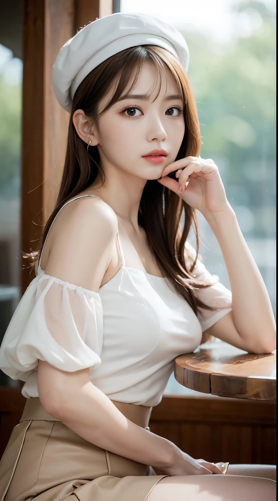 (highest quality, table top, Ultra HD: 1.3), 1 girl, medium breasts, light brown hair, dull bangs, hair behind the ear, hair on shoulders, long hair, slender body shape, Extra-fine face, delicate lips, beautiful eyes, light blush, eyes are light brown, perfect shiny skin, perfect skin, Shining sweat, watch here, extra thin hands, Super thin fingers, Optimal ratio of 4 fingers and 1 thumb, (realistic:1.3), finger extension, see-through white blouse, White see-through tight skirt, Supermodel legs, Low Heels. white beret, eye level shot, bust shot, 8K,broad-leaved forest