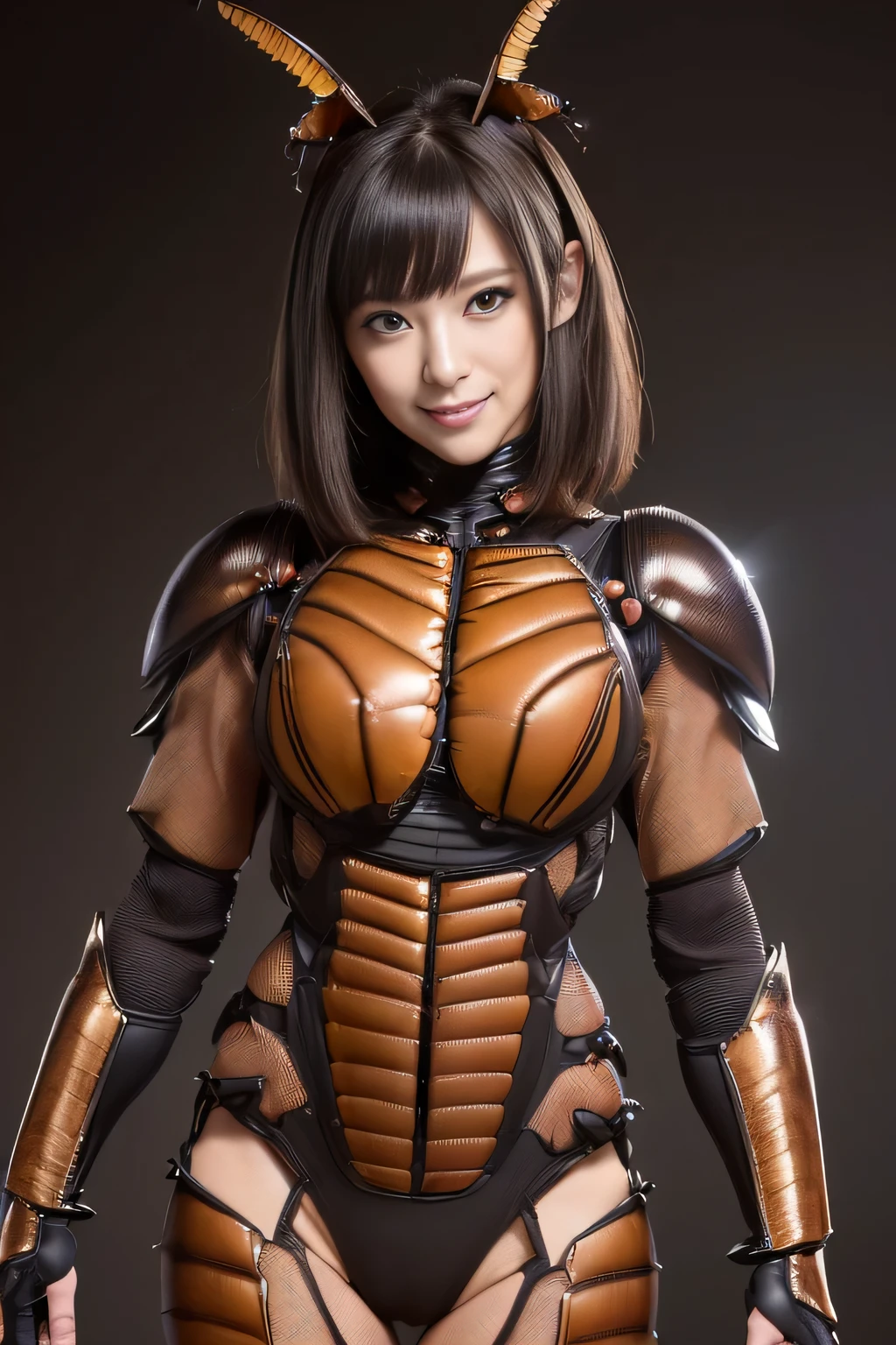 (High resolution,masterpiece,highest quality,Very detailed CG, anime, official art:1.4), realistic, photograph, amazing detail, all complicated, luster and luster,great many layers, 8k wallpaper, 3D, sketch, cute, figure,( alone:1.4), perfect female proportions,villain's daughter, (Fusion of dark brown cockroach and lady:1.4), (brown cockroach form lady:1.2), (brown cockroach woman:1.2), (Fusion:1.2), (alone:1.4), (evil smile:1.2), muscular, abs, (Cockroach brown exoskeleton bio insect suit:1.4), (Cockroach brown exoskeleton bio insect armor:1.2), (brown transparent cockroach feathers:1.4), (brown cockroach antenna:1.3),