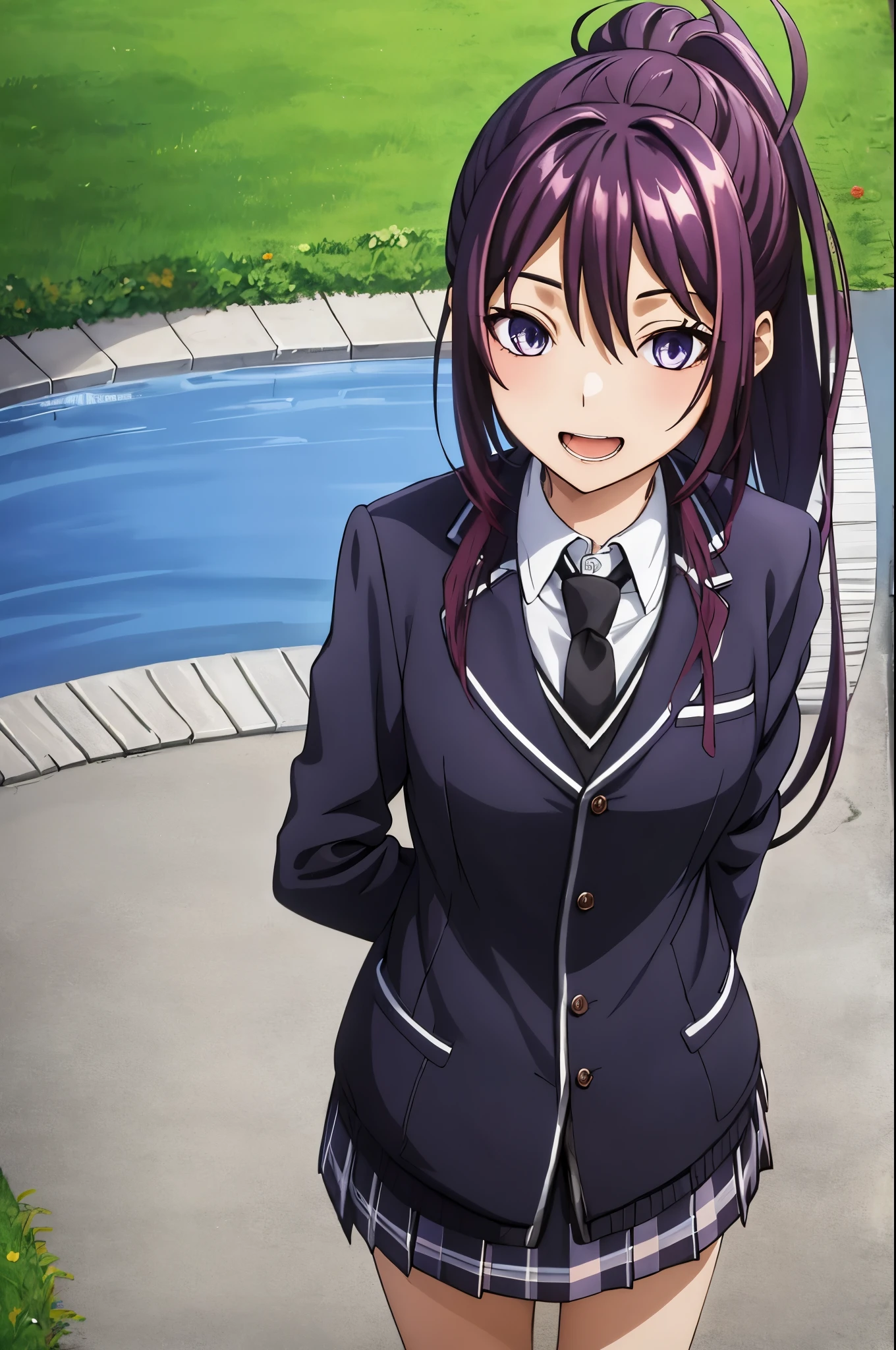 best quality, ((masterpiece)), highly detailed, outdoors,
1girl, kanzaki rin,
looking at the viewer, slight smile, open mouth, standing,
deep purple eyes, dark purple hair, long hair, ponytail, pleated skirt, blue necktie, black socks, white jacket, collared shirt, black shirt, open clothes, white skirt