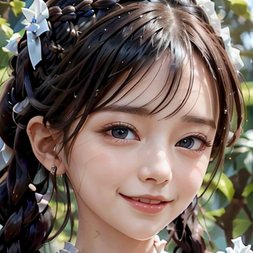 highest quality, ultra nothing, realistic, Photo of one beautiful woman, detailed face, black dutch braid with a twist, (detailed porcelain dolls,Delicate clothes with lots of frills and ribbons), Mansion Pool, (close up face), fascinating look, looking at the viewer, Beautiful smile, Bright lighting, 10 years old