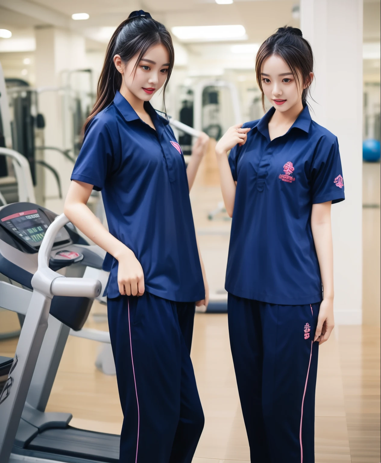 2 girls in fitness center, Navy blue short-sleeved shirt,Navy Long Trackpant,Sweatpants, Sweatpantsขายาว,25 year old girl, lesbian, sexy, exercise clothes, wet body, exercise clothes