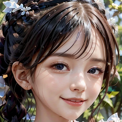 highest quality, ultra nothing, realistic, Photo of one beautiful woman, detailed face, black dutch braid with a twist, (detailed porcelain dolls,Delicate clothes with lots of frills and ribbons), Mansion Pool, (close up face), fascinating look, looking at the viewer, Beautiful smile, Bright lighting,