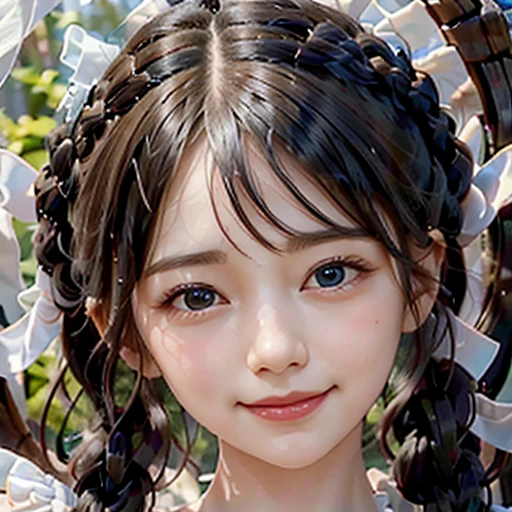 highest quality, ultra nothing, realistic, Photo of one beautiful woman, detailed face, black dutch braid with a twist, (detailed porcelain dolls,Delicate clothes with lots of frills and ribbons), Mansion Pool, (close up face), fascinating look, looking at the viewer, Beautiful smile, Bright lighting, 10 years old