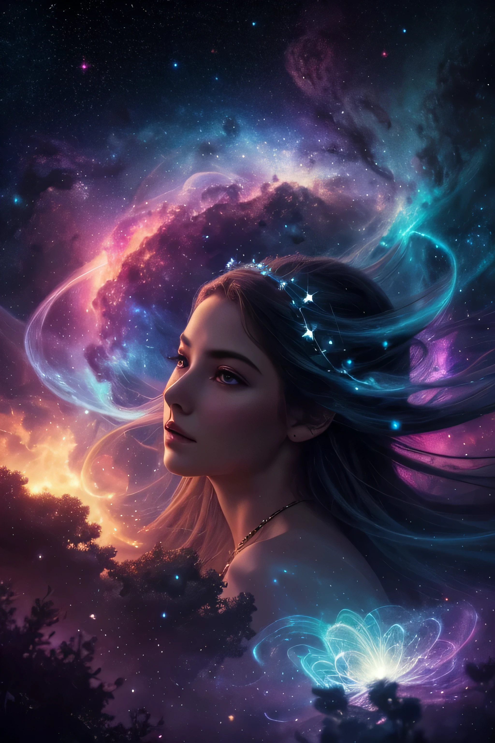 Digital painting by MSchiffer of a female Goddess, her physical body is transforming into smoke, wearing elegant robes as clothing that flows in the air in a waving way, perfectly detailed delicate face, soft features, the environment is the heart of a heavenly forest with trees and vines made out of nebulas and stars, in a classical style, celestial and cosmic, bold colors, soft billowing smoke, glowy cosmic flowers, billowing, cinematic lights, fantasy art, surreal, high contrast, HDR+, bokeh effect, cosmic, cosmos, nebula