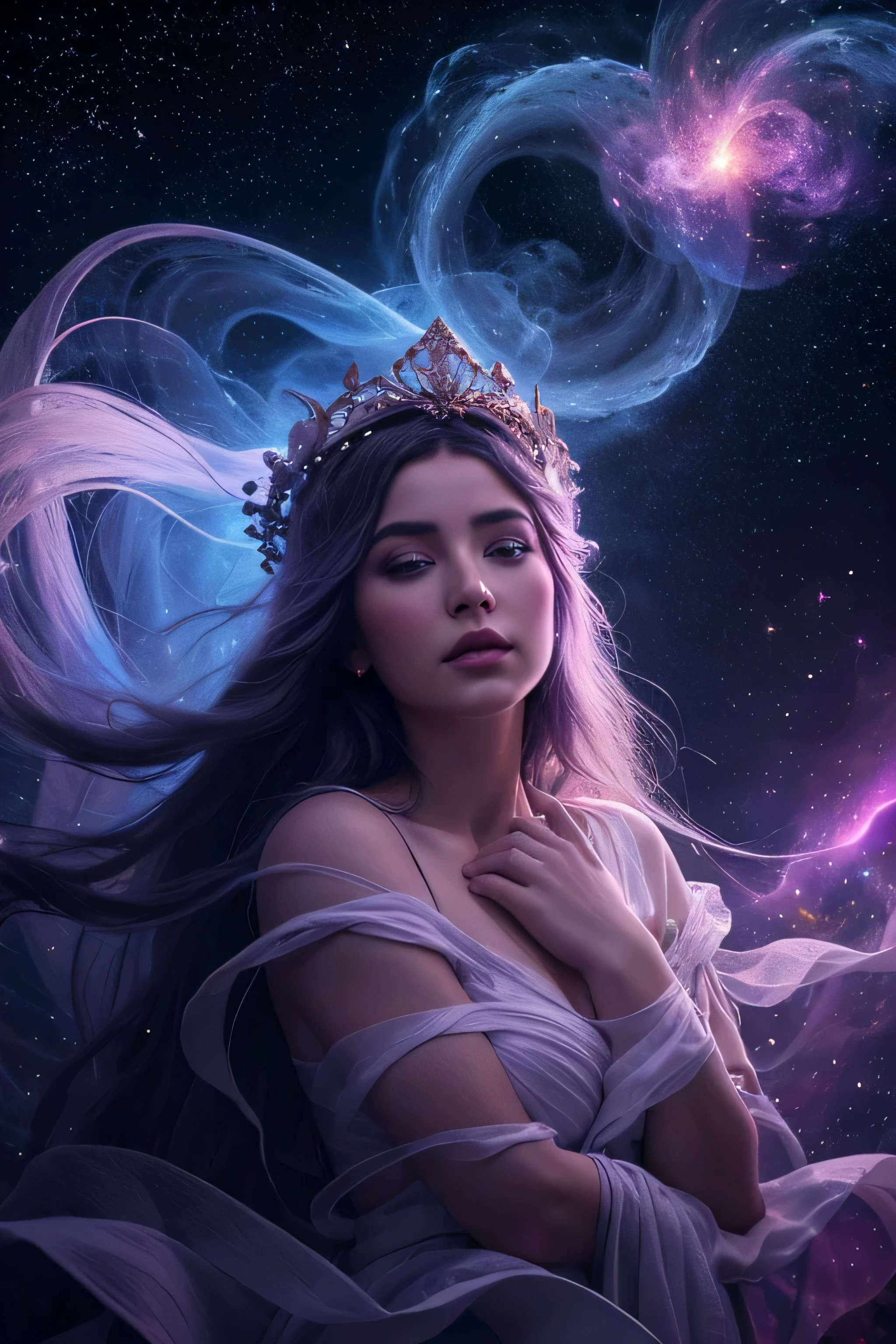 Digital painting by MSchiffer of a female Goddess, her physical body is transforming into smoke, wearing elegant robes as clothing that flows in the air in a waving way, perfectly detailed delicate face, soft features, the environment is the heart of a heavenly forest with trees and vines made out of nebulas and stars, in a classical style, celestial and cosmic, bold colors, soft billowing smoke, glowy cosmic flowers, billowing, cinematic lights, fantasy art, surreal, high contrast, HDR+, bokeh effect, cosmic, cosmos, nebula