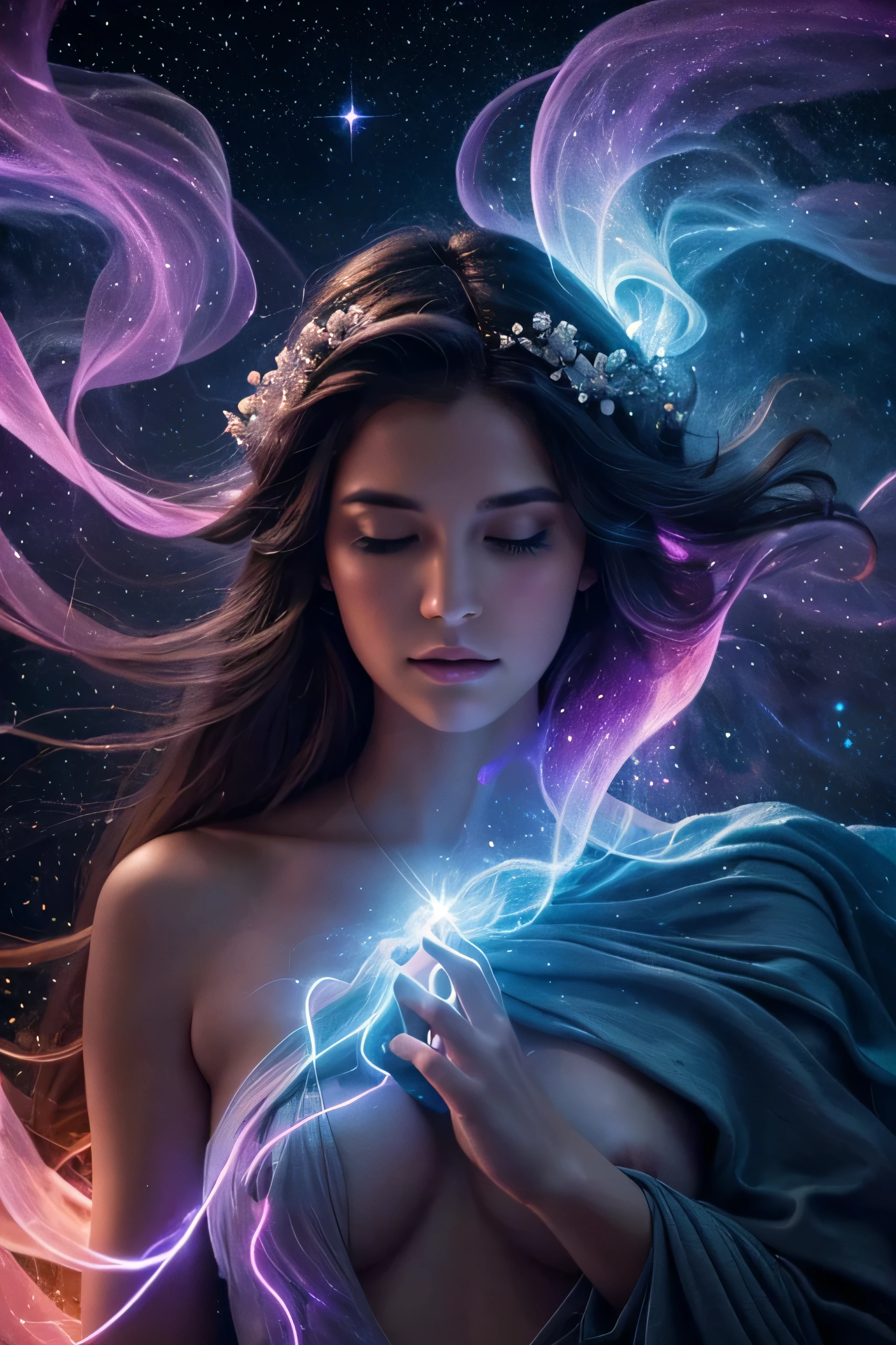 Digital painting by MSchiffer of a female Goddess, her physical body is transforming into smoke, wearing elegant robes as clothing that flows in the air in a waving way, perfectly detailed delicate face, soft features, the environment is the heart of a heavenly forest with trees and vines made out of nebulas and stars, in a classical style, celestial and cosmic, bold colors, soft billowing smoke, glowy cosmic flowers, billowing, cinematic lights, fantasy art, surreal, high contrast, HDR+, bokeh effect, cosmic, cosmos, nebula