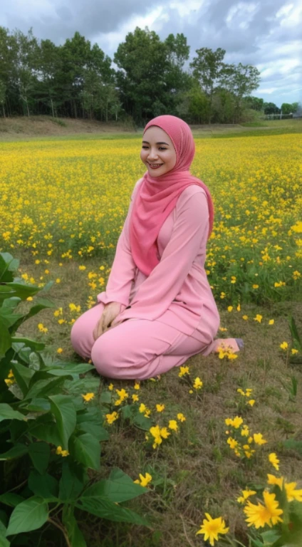 Malay girl in long hijab wear baju kurung, pastel color, kneeling in sunflower field, windy, blown her hijab, front view, detail skin, detail skin texture, mole below eyes, small breast, wide hips, small waist, thick thigh, slim abs, beautiful body, sunrise, laughing, happy, bright lighting, blur background, bokeh,