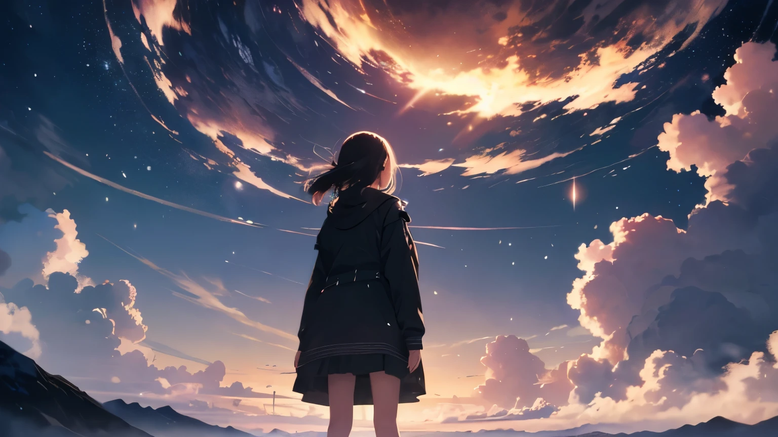disorganized, High resolution, (official art, beautiful and aesthetic: 1.2), close view,
Sparkling sky, vast world, girl, stare intently, awe-inspiring expression, distant horizon, cloud, High Hill, beauty of nature, Inspiration, light effect, wide shot, from far away,