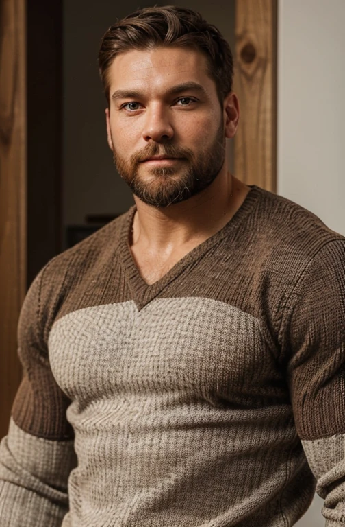 Create a muscular man in a sweater with short brown hair and a beard, his build is very robust