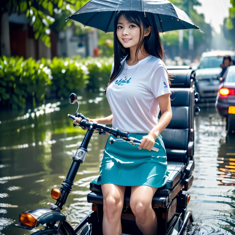 songkran,Wet roads , soaked through,drenched, Dripping, Wet Face,Wet clothes, Wet Skin, Wet Hair,A young woman with a cute face like an idol,chest,chest元が見えるデザインのメイド服,cling,RAW Photos,Genuine,Genuine,High resolution,RAW Photos,masterpiece, Genuineistic, beautiful