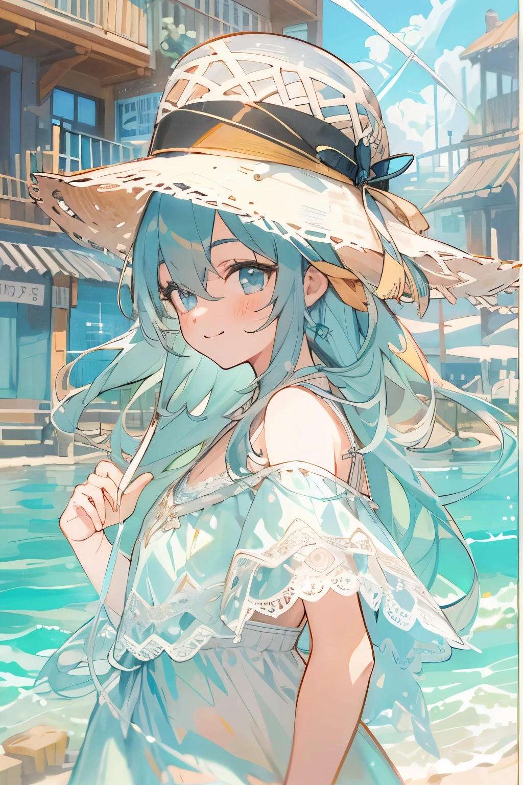 Hatsune Miku in a bikini and straw hat。Camping by the river。BBQ。４K