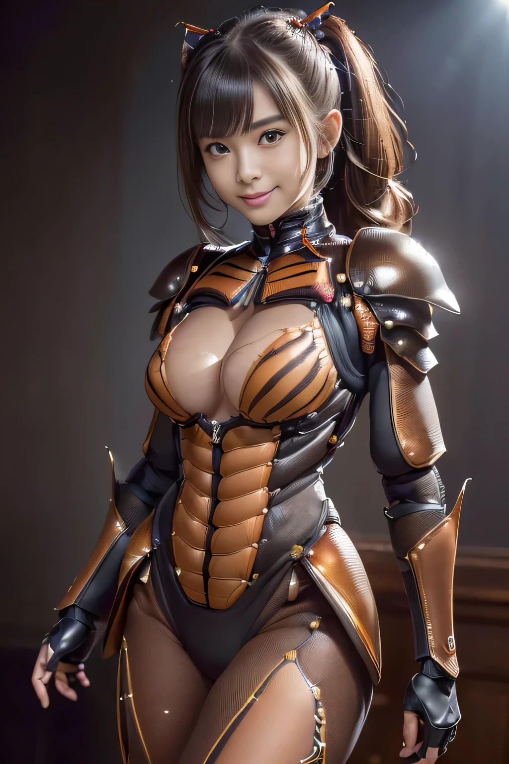 (High resolution,masterpiece,highest quality,Very detailed CG, anime, official art:1.4), realistic, photograph, amazing detail, all complicated, luster and luster,great many layers, 8k wallpaper, 3D, sketch, cute, figure,( alone:1.4), perfect female proportions,villain's daughter, (Fusion of dark brown cockroach and lady:1.4), (brown cockroach form lady:1.2), (brown cockroach woman:1.2), (Fusion:1.2), (alone:1.4), (evil smile:1.2), muscular, abs, (Cockroach brown exoskeleton bio insect suit:1.4), (Cockroach brown exoskeleton bio insect armor:1.2), (brown transparent cockroach feathers:1.4), (brown cockroach antenna:1.3),