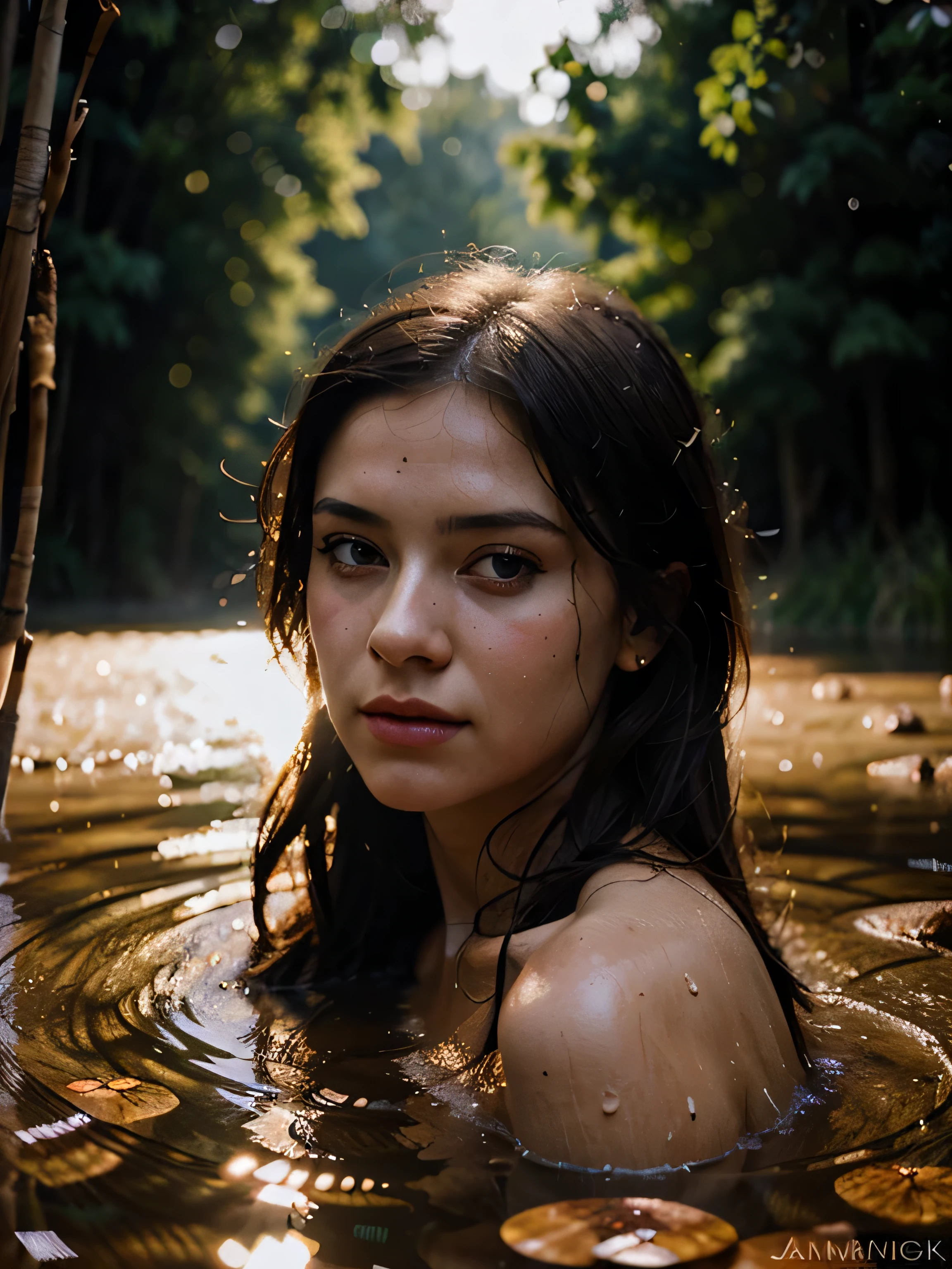 close up portrait of a cute woman face on (gldot) bathing in a river, reeds, (backlighting), realistic, masterpiece, highest quality, lens flare, shade, bloom, [[chromatic aberration]], by Jeremy Lipking, by Antonio J. Manzanedo, digital painting,