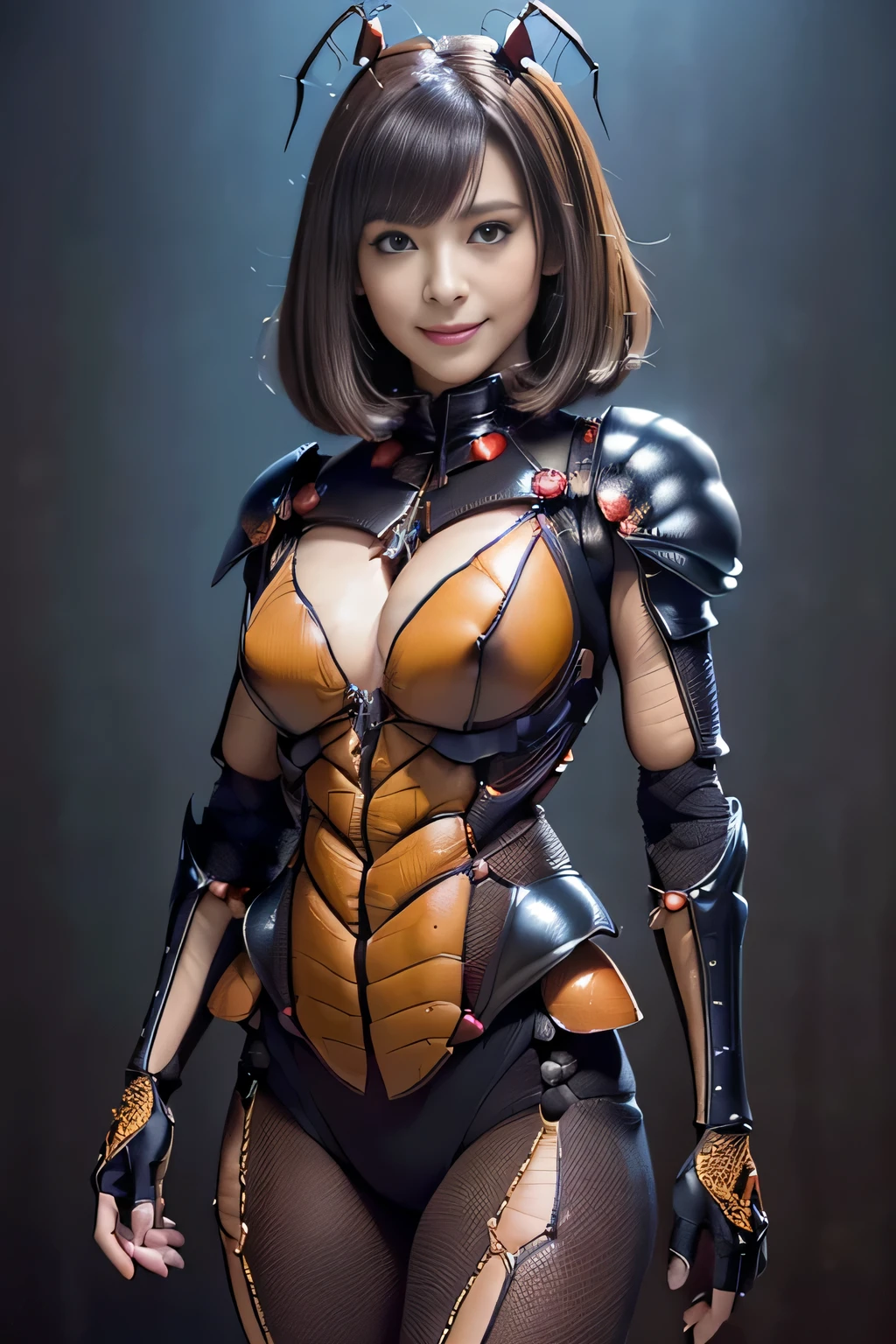 (High resolution,masterpiece,highest quality,Very detailed CG, anime, official art:1.4), realistic, photograph, amazing detail, all complicated, luster and luster,great many layers, 8k wallpaper, 3D, sketch, cute, figure,( alone:1.4), perfect female proportions,villain&#39;s daughter, (Fusion of dark brown cockroach and lady:1.4), (brown cockroach form lady:1.2), (brown cockroach woman:1.2), (Fusion:1.2), (alone:1.4), (evil smile:1.2), muscular, abs, (Cockroach brown exoskeleton bio insect suit:1.4), (Cockroach brown exoskeleton bio insect armor:1.2), (brown transparent cockroach feathers:1.4), (brown cockroach antenna:1.3),