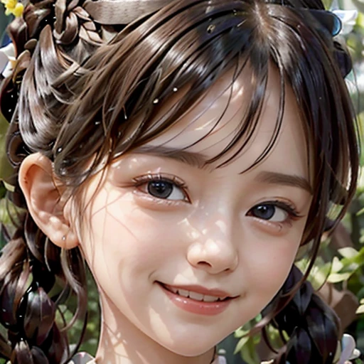 highest quality, ultra nothing, realistic, Photo of one beautiful woman, detailed face, black dutch braid with a twist, (detailed porcelain dolls,Delicate clothes with lots of frills and ribbons), Mansion Pool, (close up face), fascinating look, looking at the viewer, happy smile, Bright lighting,