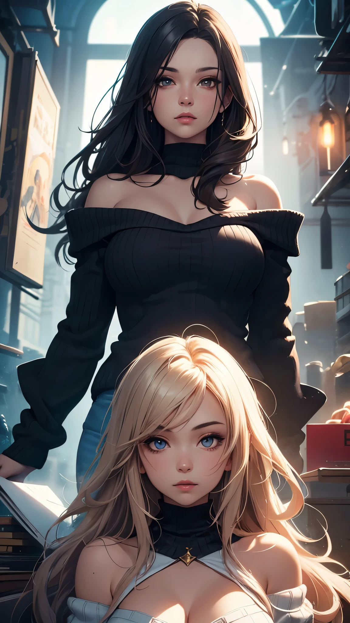 fantasy art, photorealism, dynamic lighting, art station, poster, Volumetric lighting, Very detailed faces, (officla: 1.4), long hair, sweater, Delicate collarbone, bare shoulders, plump breasts