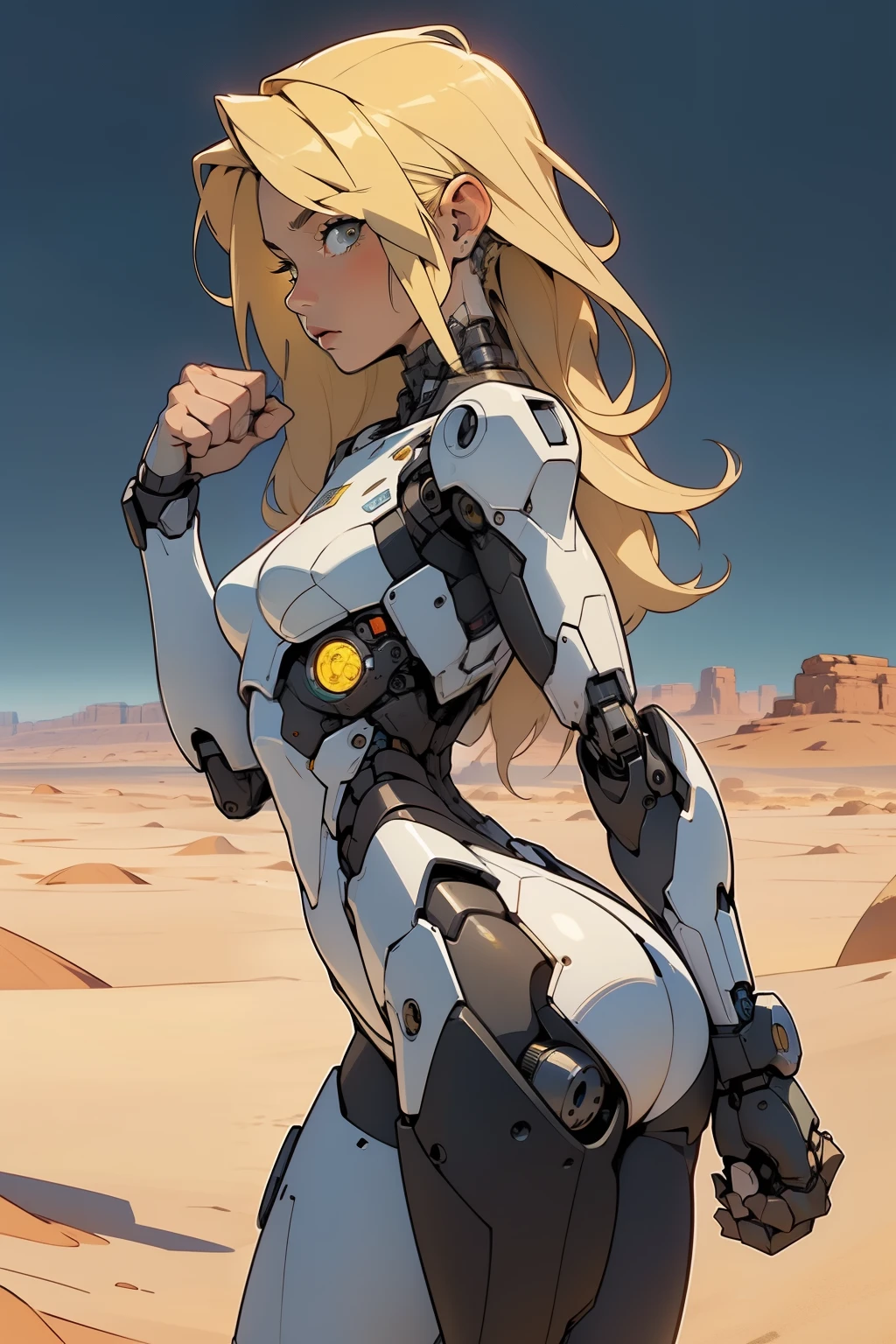 high quality, 4k, masterpiece, beautiful, cyborg girl, cowboy shot, dull eyes, back side, turning around to look at viewer, long blonde hair, girl, small breasts, fit thigh, robotic arms, robotic body, cyborg body, yellow accent, redaccent, intricate detail, joint, detailed lines, robotic detail, holding fist up, holding hand up as fist, color robotic parts, robotic parts with color, perfect fingers, on a desert planet, sunny background, colorful desert, river