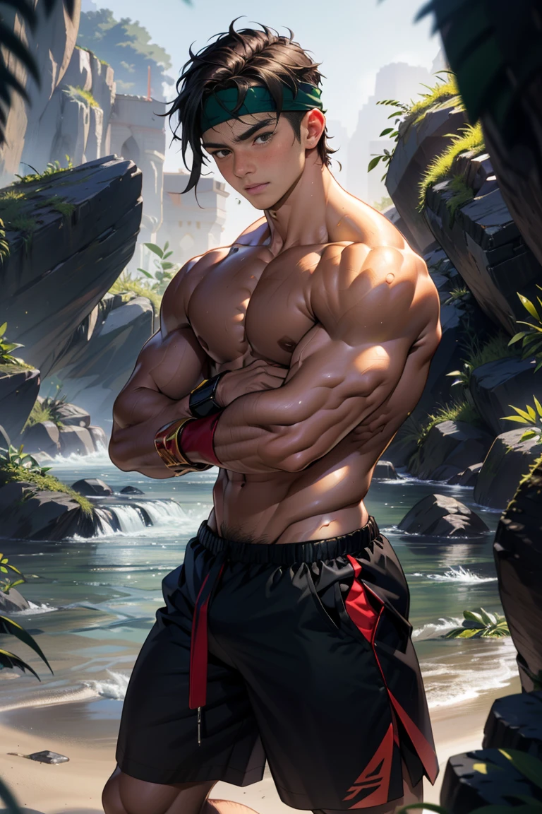 (Masterpiece, Best quality, 18 year old boy, 8k, ultra-detailed), (underneath, looking away, upper body, warm eyes, thin lips), 1 boy, solo, Young, (teenager), (Dark Short straight hair, under cut), black eyes, full bodyesbian, (Shirtless), topless, Green headband, sandals, (Black shorts with loincloth), (Depth of field:1.2), (Abs), (chest), (upper arms), black wristband, (topless male), man with martial arts stance, athretic body, kneeling pose, inside caves, (foggy night)