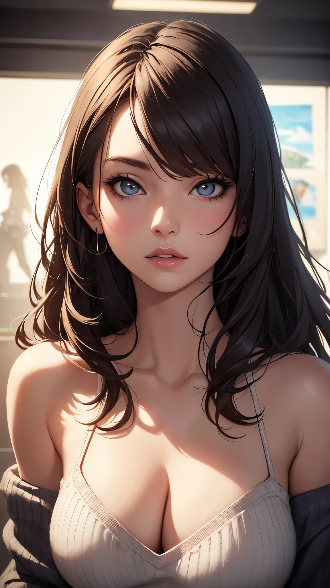 fantasy art, photorealism, 4 girls,dynamic lighting, art station, poster, Volumetric lighting, Very detailed faces, long hair, sweater, Delicate collarbone, bare shoulders, plump breasts