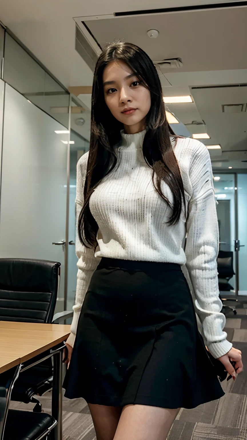 30 years old Hong Kong woman sit in a empty meeting room, long sleeves white knit jumper, long black skirt, upskirt, black straight long hair, long legs, closeup selfie, seductive