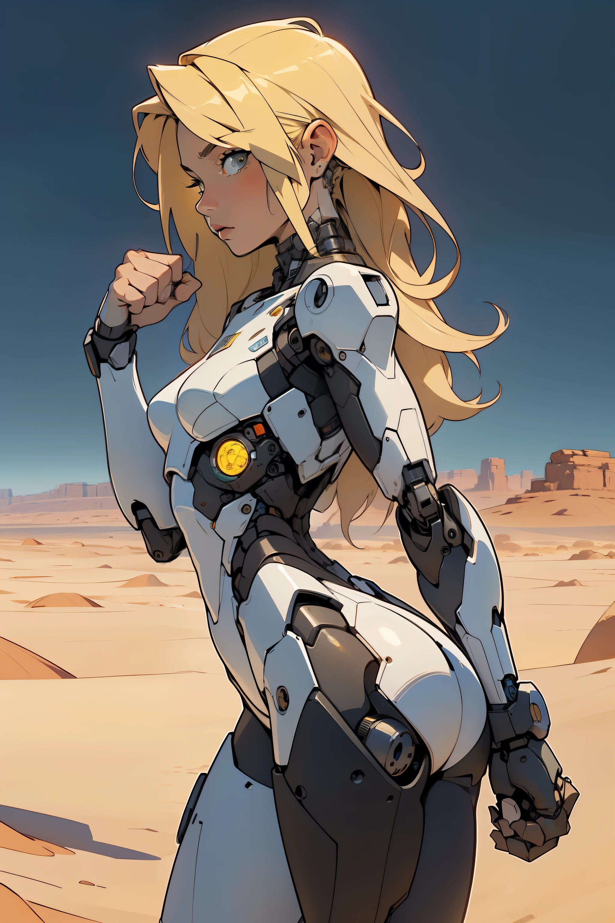 high quality, 4k, masterpiece, beautiful, cyborg girl, cowboy shot, dull eyes, back side, turning around to look at viewer, long blonde hair, girl, small , fit thigh, robotic arms, robotic body, cyborg body, yellow accent, redaccent, intricate detail, joint, detailed lines, robotic detail, holding fist up, holding hand up as fist, color robotic parts, robotic parts with color, perfect fingers, on a desert planet, sunny background, colorful desert, river