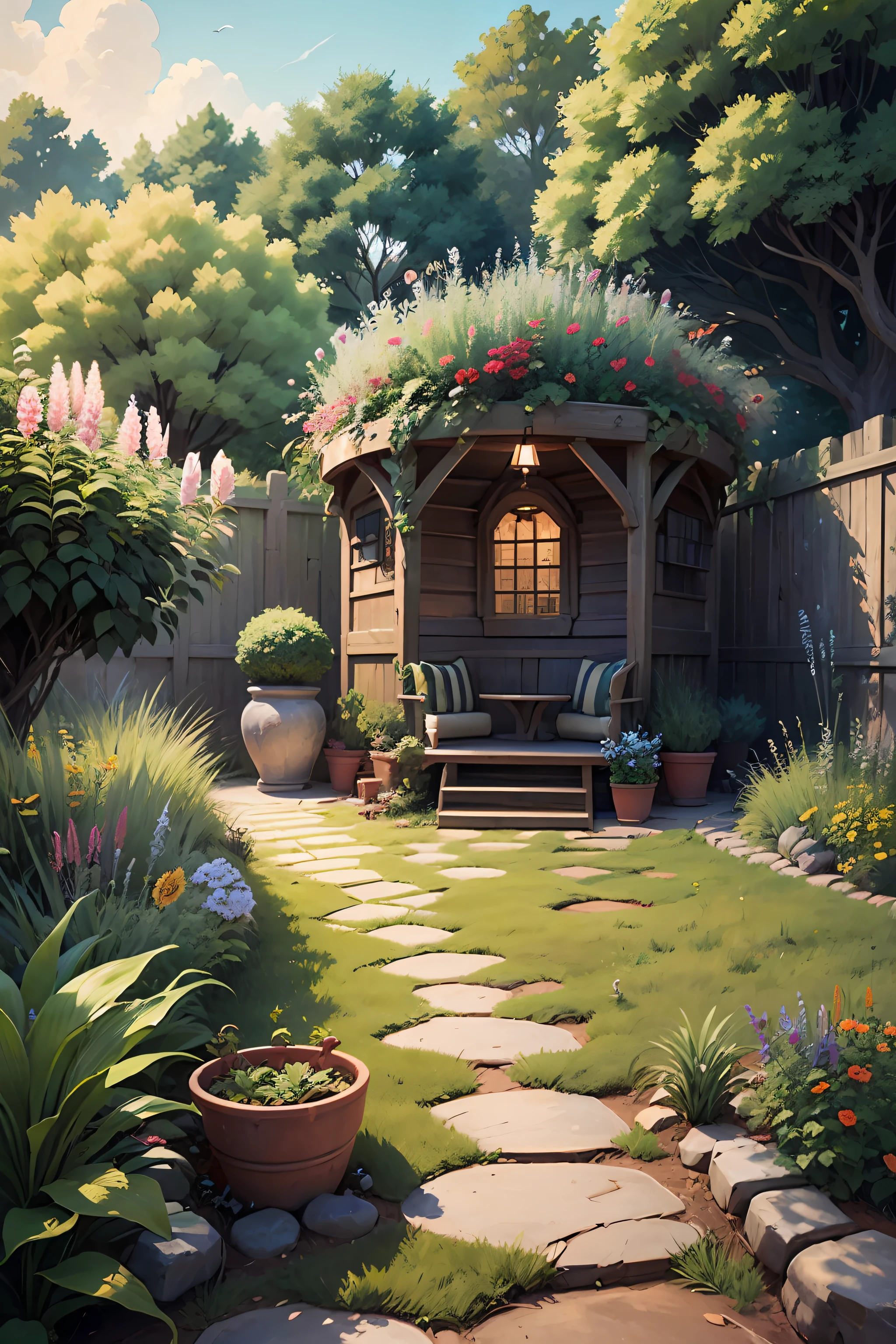 Enter a charming rustic garden, where nature reveals itself in its most genuine form. Irregular stone paths lead to every nook and cranny, revealing surprises at every step. The soft scent of wildflowers lingers in the air, while the lush green of plants envelops the space in its serenity.
In the shade of ancient trees, you will find cozy wooden benches, inviting you to rest and contemplate. Ceramic vases with delicate flowers color the corners, bringing a touch of life and joy to the environment. The soft sound of a water fountain echoes harmoniously, creating a serene and relaxing atmosphere. The birds sing enchanting melodies, bringing the feeling of being immersed in nature itself.
A small pergola covered in vines offers a cozy space to enjoy quiet moments. At night, delicate pendant lights gently illuminate the garden, creating a magical and welcoming atmosphere.
In this rustic garden, time seems to slow down. Each element is carefully arranged to create an enchanting haven where peace, serenity and connection with nature can be found. It's an invitation to get lost in the charms of this green oasis and recharge your energies amidst the simple and adopted beauty of nature. --auto --s2