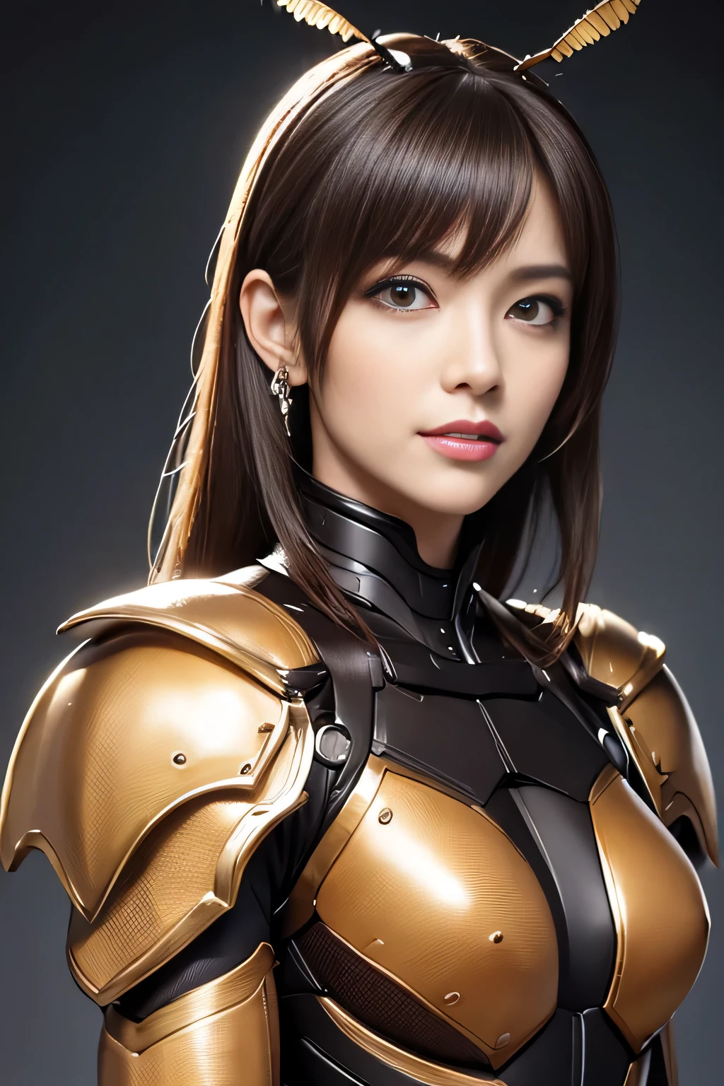 (High resolution,masterpiece,highest quality,Very detailed CG, anime, official art:1.4), realistic, photograph, amazing detail, all complicated, luster and luster,great many layers, 8k wallpaper, 3D, sketch, cute, figure,( alone:1.4), perfect female proportions,villain's daughter, (Fusion of dark brown cockroach and lady:1.4), (brown cockroach form lady:1.2), (brown cockroach woman:1.2), (Fusion:1.2), (alone:1.4), (evil smile:1.2), muscular, abs, (Cockroach brown exoskeleton bio insect suit:1.4), (Cockroach brown exoskeleton bio insect armor:1.2), (brown transparent cockroach feathers:1.4), (brown cockroach antenna:1.3),